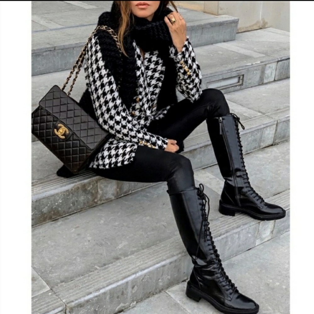RARE ZARA Lace Up High Gloss Black Flat Sole Leather Boots Bloggers Favorite 7.5